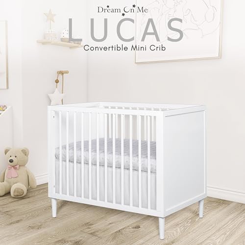 Dream On Me Lucas Mini Modern Crib with Rounded Spindles in White , 39x25.5x33 Inch (Pack of 1) Dream On Me