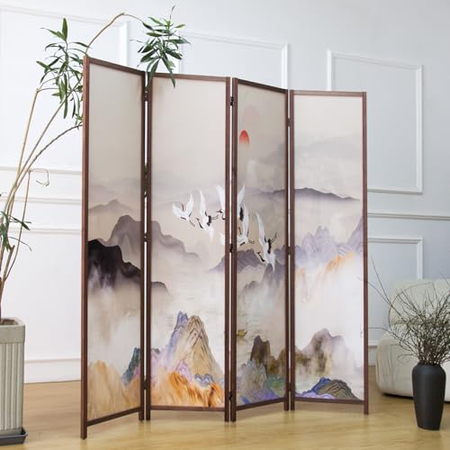Furnnylane 4 Panel Room Divider Screen,Double Faced Panel Divider Folding Screen Divider for Room Separation,Colorful Landscape,67" H x 63" W Furnnylane