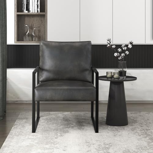 Lexicon Modern Accent Chair, Faux Leather Upholstered Living Room Chair With Wrapped Armrests, Arm Chair With Black Metal Frame,Comfy Single Chair For Living Room/Bedroom/Reading Room/Office,Dark Grey Lexicon