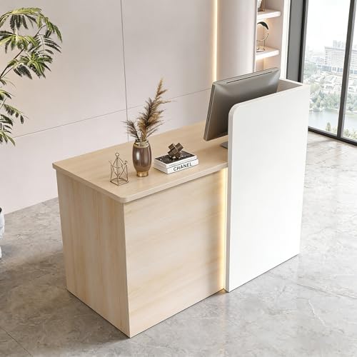 SNKBOAT Small Reception Desk, 47" Front Desks Reception Counter, Front Desk Counter with LED Lights, Lockable Drawer, Two-Tone Design, Privacy Panel, for Office, Salon, Store SNKBOAT