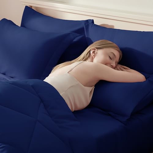 ELNIDO QUEEN® Full Size Comforter Set - 7 Pieces Navy Bed in a Bag Full, Bed Set All Seasons, Soft Bedding Sets with Dark Blue Comforter, Flat Sheet, Fitted Sheet, Pillowcases and Pillow Shams ELNIDO QUEEN