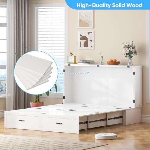 Mjkone Queen Size Murphy Bed Cabinet with Drawers & Tri-Folding Mattress, Modern Multifunctional Guest Chest Cabinet Wall Bed with USB Charging Station for Bedroom Living Room Apartment - White Mjkone