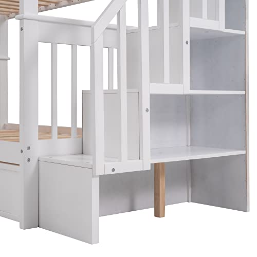 Harper & Bright Designs Twin Over Twin Bunk Bed with Stairs and Guard Rail, Twin Size Bunk Beds with Storage Drawers,Wooden Bunk Bed Frame for Bedroom, Dorm, Kids, Teens, Adults,White Harper & Bright Designs