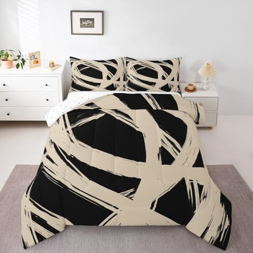 Erosebridal Beige and Black Abstarct Queen Comforter Set for Adult Women Men, Geometric Striped Bedding Set for Minimalists,Graffiti Aesthetic Lines Quilt,Contemporary Boho Modern Art Duvet Insert Erosebridal