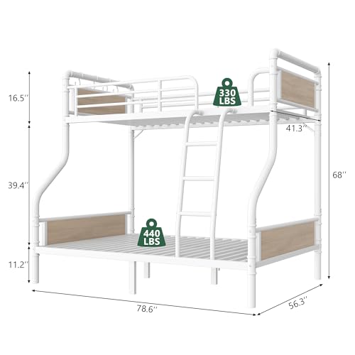 Jocoevol Metal Bunk Bed Twin Over Full, Industrial Bunkbeds Heavy Duty Bed with Safety Guard Rails and Space-Saving Design, Steel Bed for School, Bedroom (White) Jocoevol