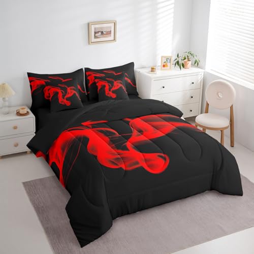 Feelyou Kids Black Red Abstarct 7 Piece Bedding Set King Size Abstarct Art Comforter Set with Sheets for Kids Adult Modern Minimalist Bed in a Bag Feelyou