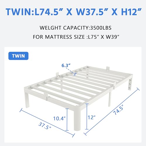 KZZLOL White Twin Size Bed Frames 12 Inch, Metal Platform Twin Bed Frame No Box Spring Needed, Heavy Duty Steel Support 3500 LBS, DIY Headboard, Round Legs, Noiseless, Storage Space, Easy Assembly KZZLOL