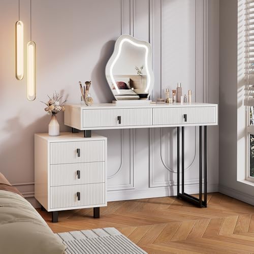 KDCAS Vanity Desk with Mirror and Lights| Small Makeup Vanity Set with Adjustable Cabinet & 5 Drawers Storage| Modern Dressing Table for Small Spaces & Bedroom(White and Black) KDCAS