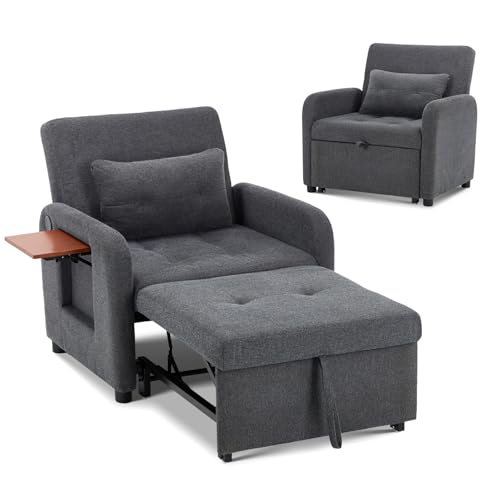 Convertible Sleeper Chair-Fabric Futon Sofa Bed, Single Sleeper Sofa, Small Couch Bed with USB Port, Foldable Table, Pillow, Adjustable Backrest for Dorm/Bedroom/College Darkgrey COLAMY