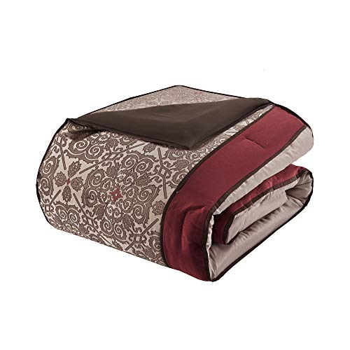 Madison Park Essentials Delaney 24-Piece Room In A Bag Comforter Set-Satin Jacquard, All Season Luxury Bedding, Sheets, decorative pillows and Curtains, Valance, King(104"x92"), Medallion Red Madison Park