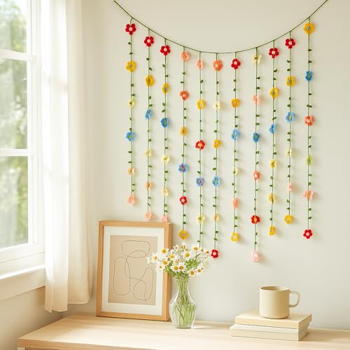 Suncalla 23 ft Crochet Flowers Wall Hanging Decor Boho Knitting Flower Garland Ornaments Curtain Backdrop Hanging Tassel Decoration Room Divider for Home Bedroom Wall Door Window Suncalla