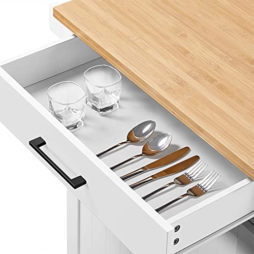 Yaheetech Kitchen Cart with Bamboo Tabletop, 34.5" Width Rolling Kitchen Island with Drawer and Adjustable Shelf, Storage Cabinet with Spice Rack Towel Bar for Dining Room Kitchen Living Room, White Yaheetech