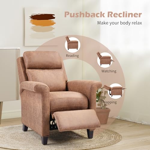 IOMOR Push Back Recliner Chair, Faux Leather Lounge Armchair with Footrest, Decoration Single Sofa Accent Chair for Living Room, Bedroom, Small Spaces (1, L-Brown)