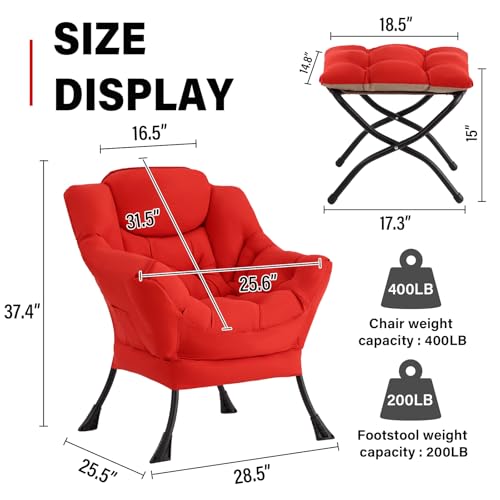 SESHINELL Lazy Chair with Ottoman, Modern Accent Chair Contemporary Sofa Chair with Armrests, Reading Chair and Folding Footstool Set for Living Room, Bedroom, Office, Red SESHINELL