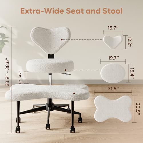 Pinmoco Ergonomic Cross Legged Chair, 360° Swivel Meditation Chair with Wheels, Height Adjustable Seat for ADHD, Strong Lumbar Support, Chic Home Office Furniture, Teddy Fabric, Off White Pinmoco