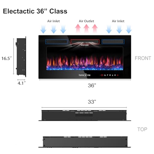 Home4me 36" Electric Fireplace, Wall Mounted and Recessed Fireplace Heater, 750/1500W Freestanding Electric Fireplaces, Adjustable Flame Color, Touch Screen, Timer, Low Noise Home4me