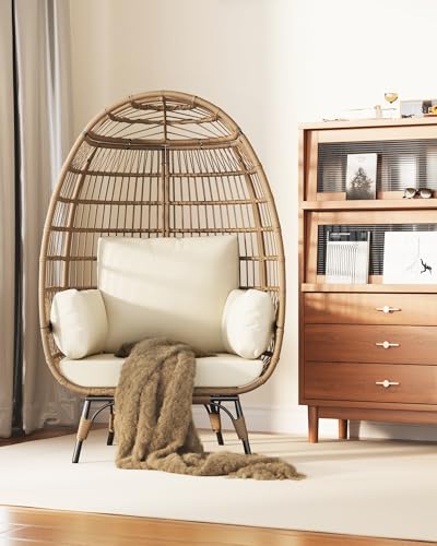 GarveeLife Oversize Rattan Egg Chair Indoor/Outdoor Wicker Egg Basket Lounge Chair Egg-Shaped Chair w/Steel Frame Stand and 4 Cushions for Patio, Porch, Beige GarveeLife