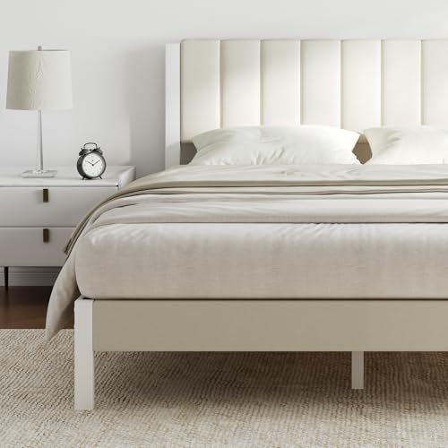 Novilla Full Bed Frame with Piano Keys Headboard and Footboard, Metal Platform Bed Frames Full Size, No Box Spring Needed, Easy Assembly, Steel Slats Support, Velvet White Novilla