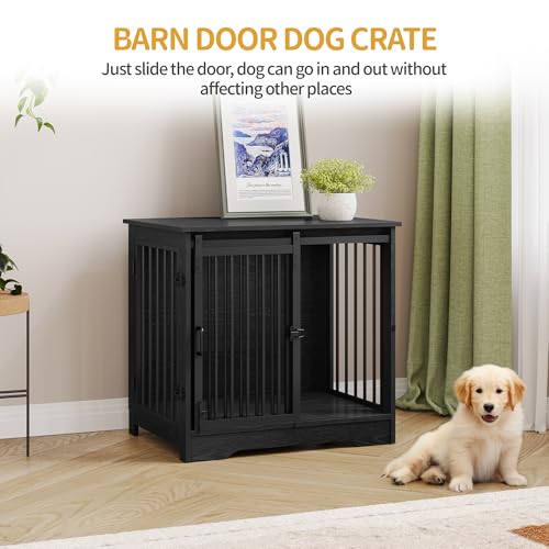 Hzuaneri 27.2" Dog Crate Furniture with Barn Door, Heavy Duty Dog Kennel Indoor with 2 Doors, Wooden Pet Cage End Table for Small Medium Dogs up to 22 lb, Anti-Chew Anti-Escape, Black DFC84304B Hzuaneri