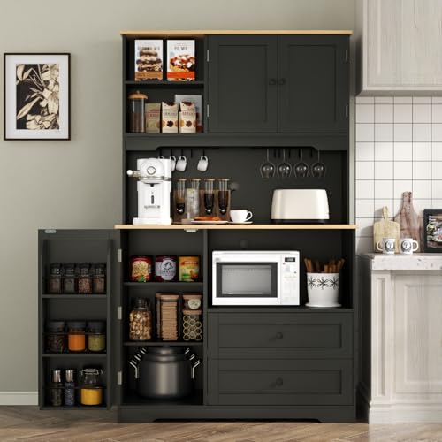 Kitchen Pantry Storage Cabinet,Freestanding Buffet Cabinet with Wine Glass Holder,Food Pantry Cabinet with Doors and Shelves,Tall Kitchen Hutch Cabinet with Microwave Stand for Kitchen (Black) Gyfimoie