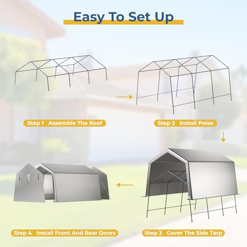 LINKHOO 10x15 FT Portable Garage Carport, Heavy-Duty Storage Shed with 220G Waterproof PE Tarp, Roll-Up Zipper Door & Vent, for Motorcycle, Bike, ATV, Tools, Outdoor Equipment, Gray LINKHOO
