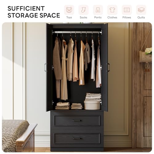 LIKIMIO Armoire Wardrobe Closet with 2 Doors and 2 Drawers 70" H x 28" W Wooden Bedroom Freestanding Wardrobe Combination for Hanging Clothes, Black LIKIMIO