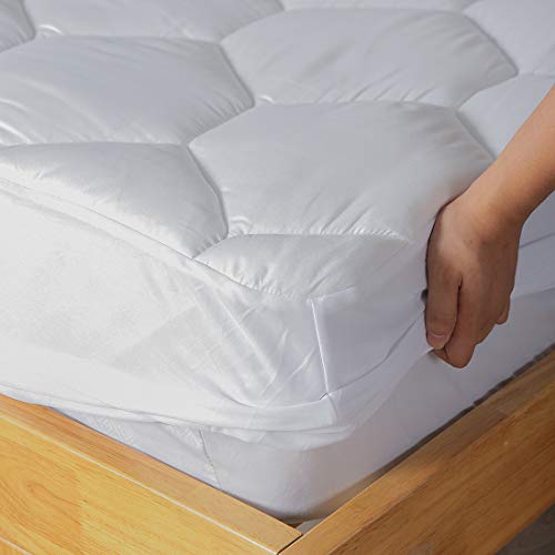 Queen Mattress Pad, 8-21" Deep Pocket Protector Ultra Soft Quilted Fitted Topper Cover Fit for Dorm Home Hotel -White Favorland