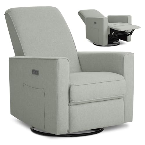 évolur Harlow Upholstered Power Glider Recliner with USB Charging – Rocking & 275° Swivel with Smooth Glide – Greenguard Gold & FSC Certified – Modern Nursery and Living Room Chair in Light Grey