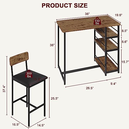 CABIHOME Dining Table Set for 2, Kitchen Table and Upholstered Chairs for 2, 3 Piece Counter Height Bar Table Set with 3 Large Storage Shelves for Small Space, Apartment, Studio, Rustic Brown CABIHOME
