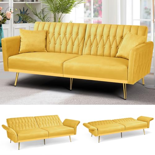 ACMEASE 70” Velvet Futon Sofa Bed w/Adjustable Armrests & 2 Pillows, Convertible Futon Couch w/Adjustable Backrests, Modern Sleeper Bed for Living Room, Bedroom, Yellow ACMEASE