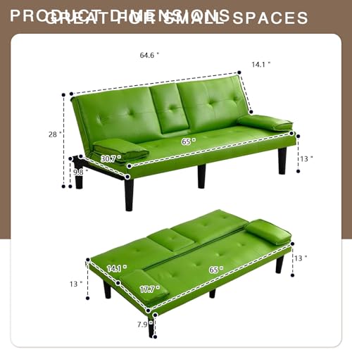ODOLAR 67" Futon Sofa Bed,Convertible Sofa Bed with 2 Cup Holders,Sleeper Couch PVC Leather Removable Soft Armrest Small Couch for Living Room Apartments (Green) ODOLAR
