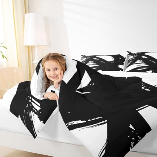 jejeloiu Black and White Comforter Set Queen Size, Abstarct Bedding Set for Kids Boys Girls Modern Stripe Neutral Art Duvet Quilt Bedroom Decor Microfiber 3 Pcs with 2 Pillow Cases jejeloiu