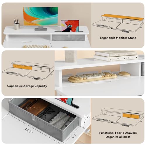 White Standing Desk,60° Tiltable Height Adjustable Electric Rising Desk,40Inch Foldable Mobile Laptop Table with Shelf,Monitor Stand, Drawer ,Flippable Drafting Workstation on Wheels for Kids’ Drawing Gibbon Mounts