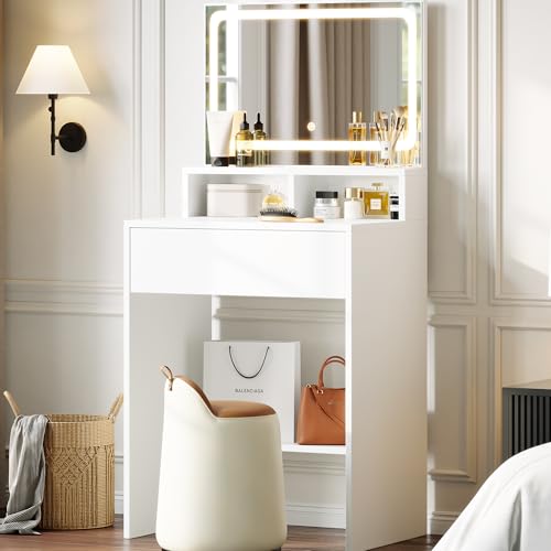 Dowinx Small Vanity Desk with Mirror and Lights, Small Makeup Vanity Desk with LED Lighted Mirror, Makeup Table with 3 Lighting Modes & Adjustable Brightness, Dressing Table for Women Girls Bedroom Dowinx