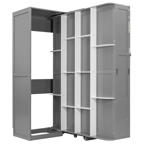 Merax Rotating Queen Murphy Bed with Hidden Storage Racks, Space-Saving Multifunctional Wall Bed for Home Office & Small Rooms Merax