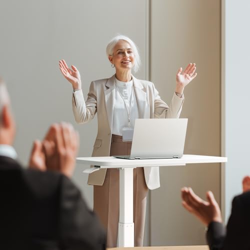 GTPLAYER Small Standing Desk with Hidden Wheels, Pneumatic Mobile Rolling Laptop Desk, Adjustable Height Overbed Bedside Table Computer Workstation for Home Office (28" W x 16" D, White) GTPLAYER