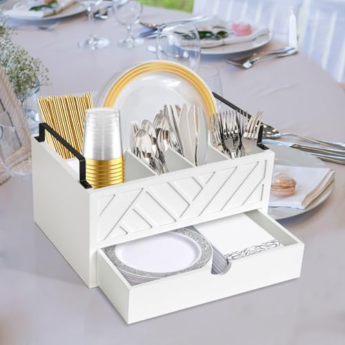 Paper Plate Dispenser with Drawer, Paper Plate Holder for Kitchen Counter, Wood Rustic Silverware Utensil Caddy, Cutlery Flatware Organizer for Cup Spoon Fork Plates Napkins, White Kitchen Accessories Zecela