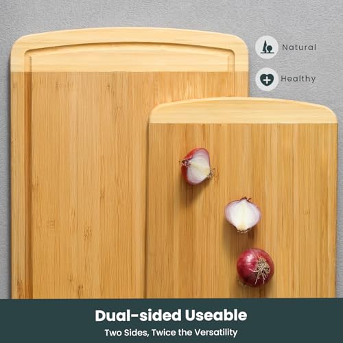 Hiware 3-Piece Extra Large Wooden Cutting Boards For Kitchen, Bamboo Cutting Board with Holder, Wood Cutting Board Set, Heavy Duty Chopping Board for Meat, Serving Tray Set- Two Tone HIWARE