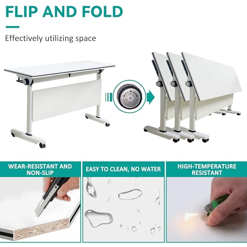 HSHBDDM Folding Conference Table, Foldable Conference Table Flip Top Mobile Training Table with Wheels, Metal Legs, Rectangular Modular Conference Room Table for Office Meeting Conference Room HSHBDDM