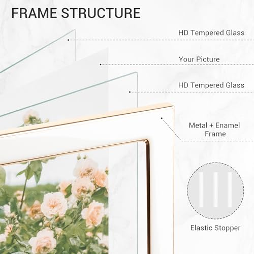 Axeman 8x10 Gold Floating Frame White Enamel Picture Frame with Metal Edge for 6x8, 5x7 up to 8x10 Photo Double Glass Floating Picture Frame for Desk Tabletop Shelf Vertical Display Axeman