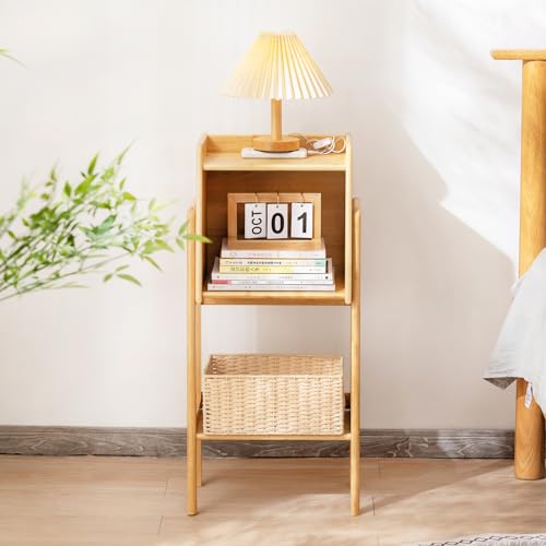 Welnow Natural Modern End Table, Bamboo Nightstand with 1 Tier Storage Space Open Shelf Side Table Cabinet Bedside Table Practical Sofa Side Table for Bedroom, Living Room,Small Welnow