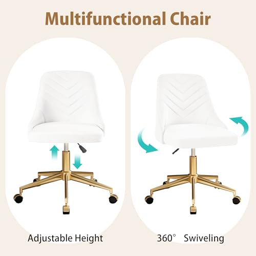 VECELO Velvet Vanity Desk Chair with Height-Adjustable for Office Living Room Bedroom Make Up Study, 360°Swivel, Wheeled Gold Base, White VECELO