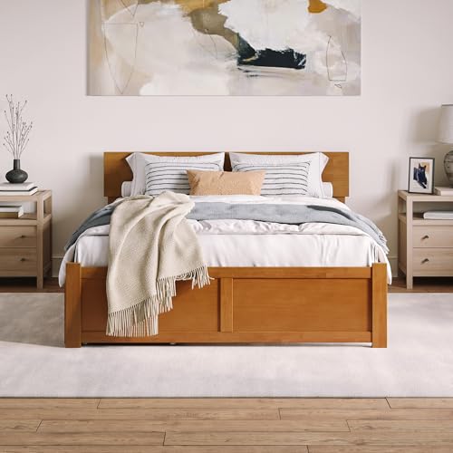 AFI Orlando Queen Solid Wood Platform Bed with Footboard & Twin XL Trundle in Light Toffee AFI