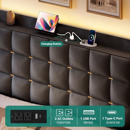 YITAHOME King Size Bed Frame with 4 Drawers and RGB LED Lights, Velvet Upholstered Platform Bed with Charging Station and Storage Headboard, No Box Spring Needed, Easy Assembly, Noise-Free, Grey YITAHOME