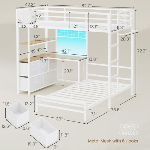 DICTAC Bunk Bed with L-Shaped Desk,5 Storage Drawers and 2 Shelves Metal Twin XL Over Twin Bunk Bed with LED Lights and Charging Station,bunk Beds with Safety Guardrail & Ladder,Space-Saving,White DICTAC