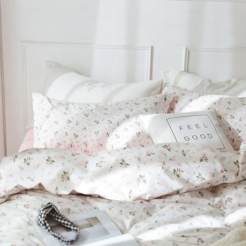 mixinni Girl Floral Full Size Comforter Pink White Flower Leaf Print Bedding Sets, Cute Floral Bedding Comforter Sets for All Seasons-(1 Comforter+2 Pillow Shams)-Full Size mixinni