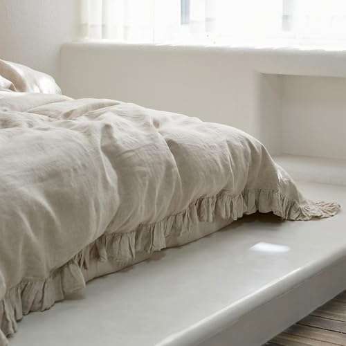 Simple&Opulence 100% Linen Duvet Cover Set, 3 PCS Natural French Flax Ruffle Duvet Cover Full Size, Breathable Comfy Linen Bedding Comforter Cover with 2 Pillowcases (Natural Linen, 78"X 86") Simple&Opulence