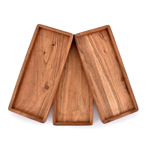 NIRMAN Acacia Wood Rectangular Wooden Platters for Home Decor, Food, Vegetables, Fruit, Charcuterie, Appetizer Serving Tray (13" x 5.5" x 0.75") (Set of 3) NIRMAN