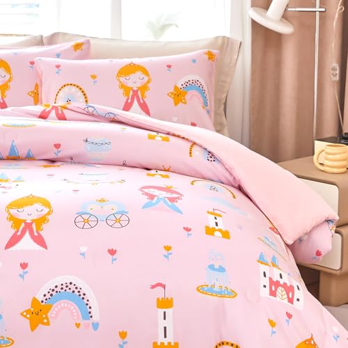 WINLIFE Pink Princess Comforter Set Queen Size for Girls 3 Pieces Soft Microfiber Cute Floral Fairytale Castle Pink and Blue Bedding Sets WINLIFE