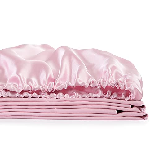 Satin Fitted Sheet, Full Fitted Sheet Only, 1 - Piece Ultra Soft Deep Pocket Single Silk Bottom Bed Sheet Full - Pink Luxbedding
